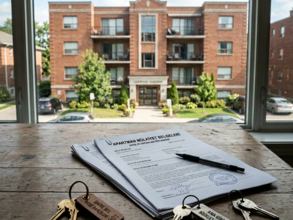 Apartment lease documents and keys on a wooden table viewed through a large window with apartment building outside