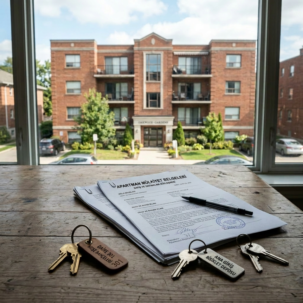 Apartment lease documents and keys on a wooden table viewed through a large window with apartment building outside