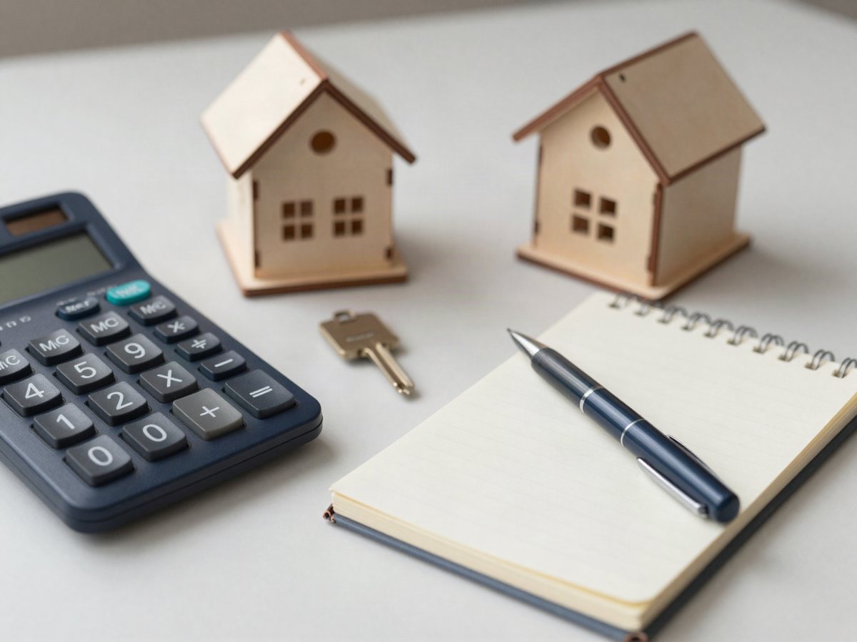 Finansman ve vergilendirme: hesap makinesi, ev maketleri, anahtar ve not defteri