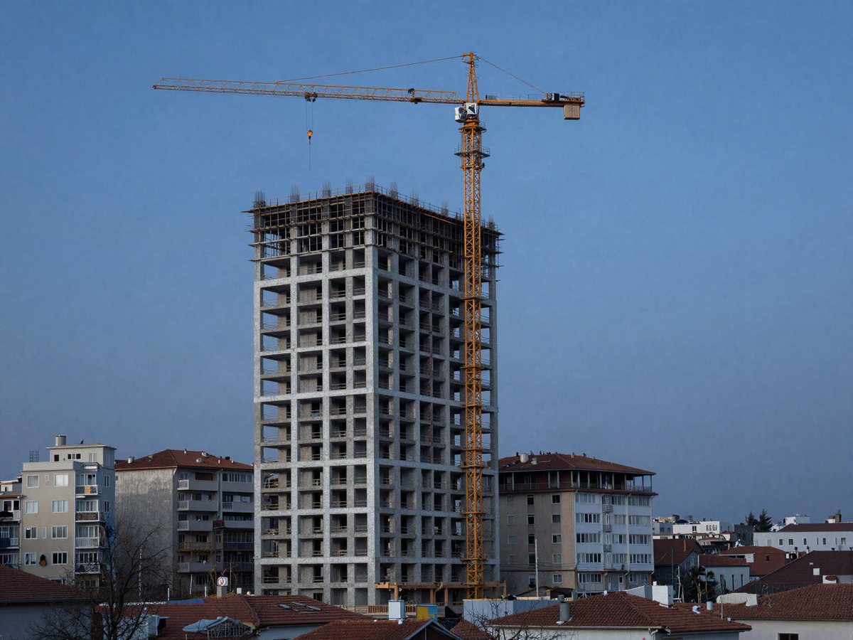 Kat karşılığı proje: vinçli inşaat halindeki yeni apartman ve çevredeki mevcut yapılar