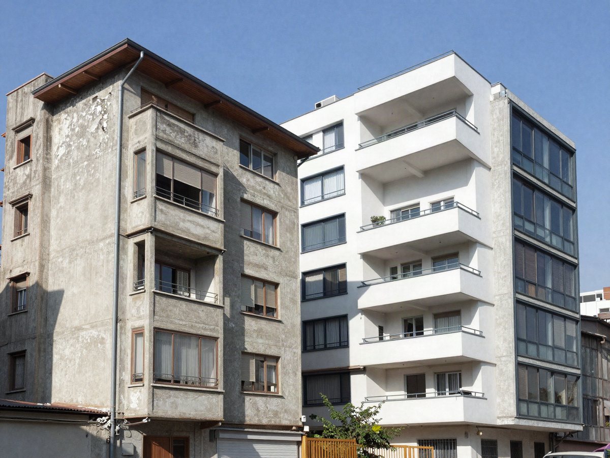 Yerinde dönüşüm: eski bir apartmanın yanında yenilenmiş modern bina